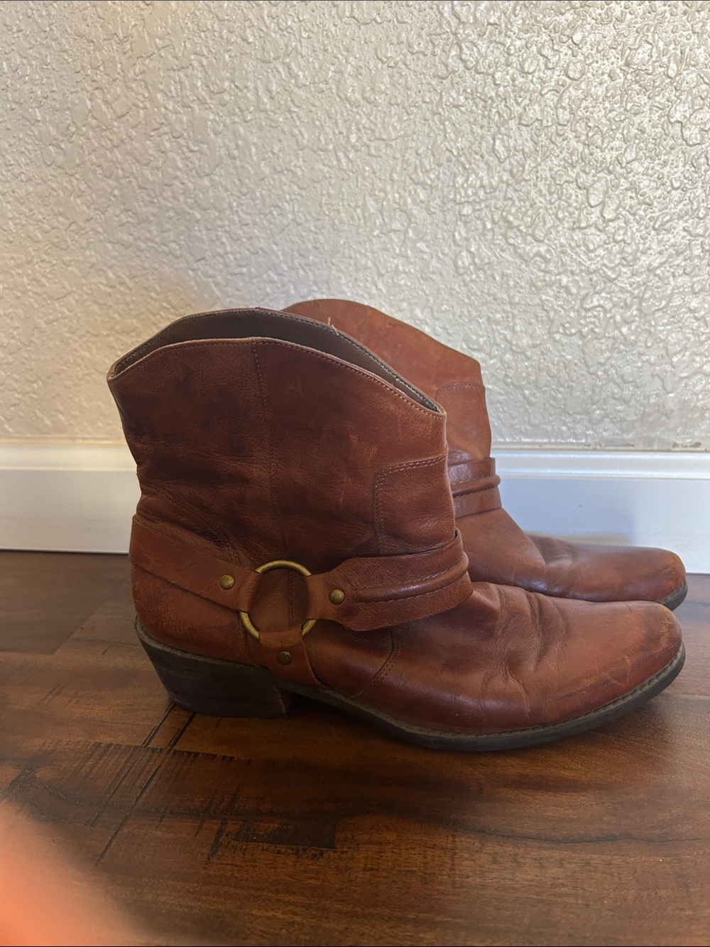Women's Brown Leather western style Ankle Booties with harness details.